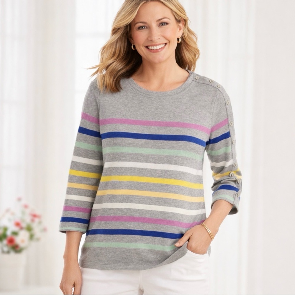Talbots Grey‎ Colorful Striped Pullover Crewneck Top Large Spring Casual Preppy